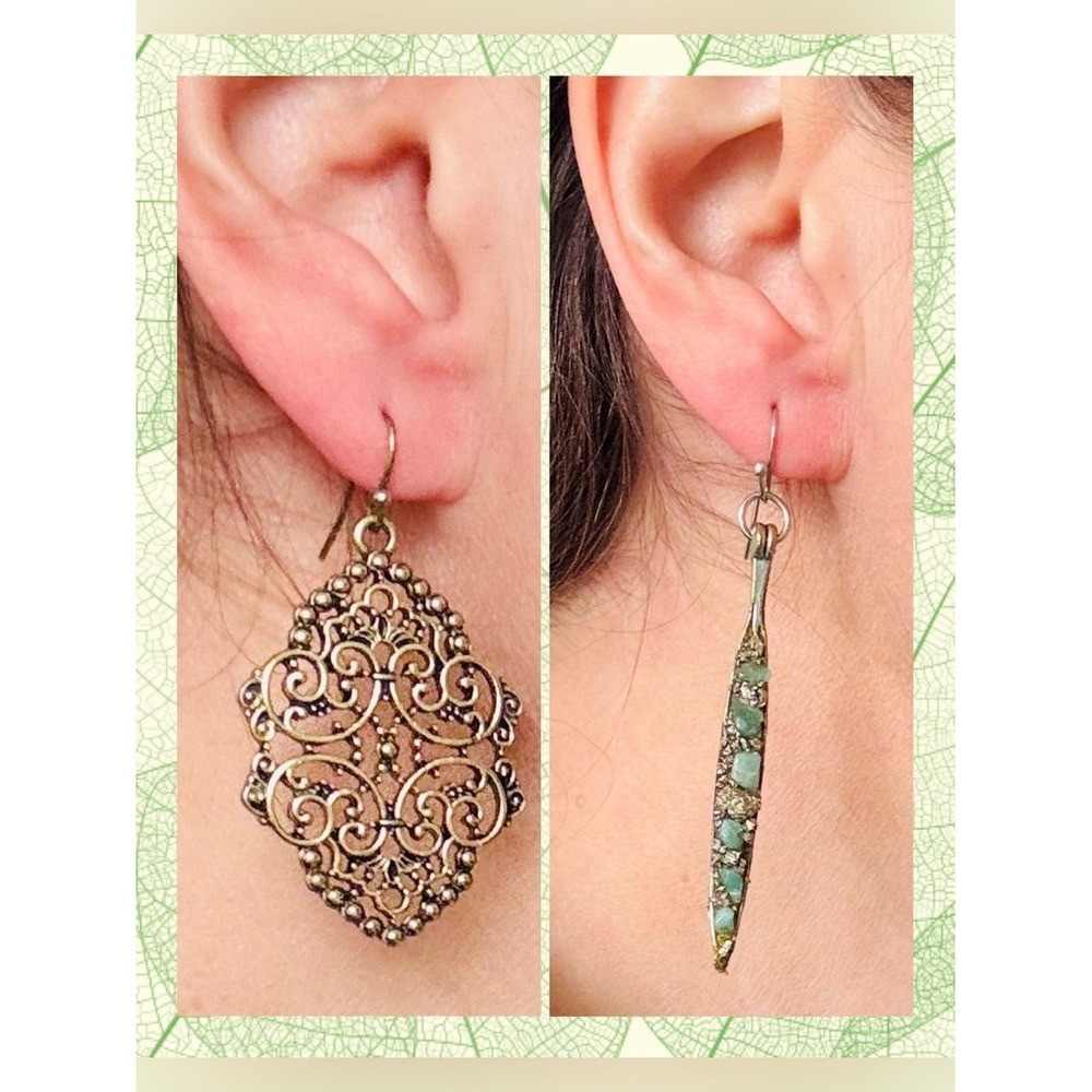 Bundle of 2 - Boho Statement Earrings - Green Stone Spike & Bronze Filigree